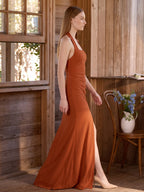 Cinnamon Stretch Knit Column Halter Backless Ankle Bridesmaid Dress with Pleats - Curvevia