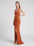 Cinnamon Stretch Knit Column Halter Backless Ankle Bridesmaid Dress with Pleats - Curvevia