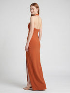 Cinnamon Stretch Knit Column Halter Backless Ankle Bridesmaid Dress with Pleats - Curvevia