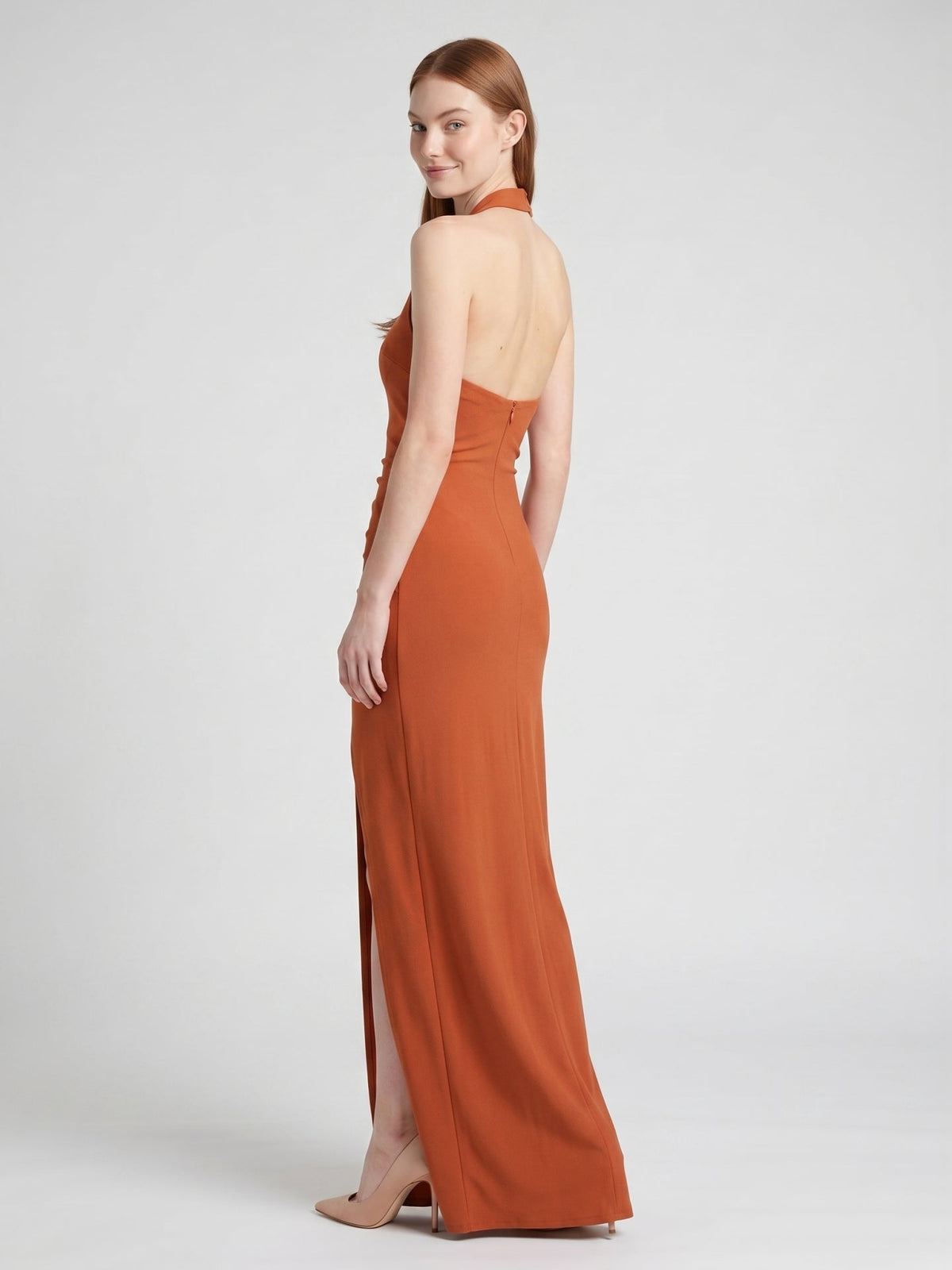 Cinnamon Stretch Knit Column Halter Backless Ankle Bridesmaid Dress with Pleats - Curvevia