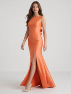 Composed Orange Satin Trumpet Scoop Neck V-Back Floor-Length Bridesmaid Dress with Bow - Curvevia