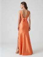 Composed Orange Satin Trumpet Scoop Neck V-Back Floor-Length Bridesmaid Dress with Bow - Curvevia