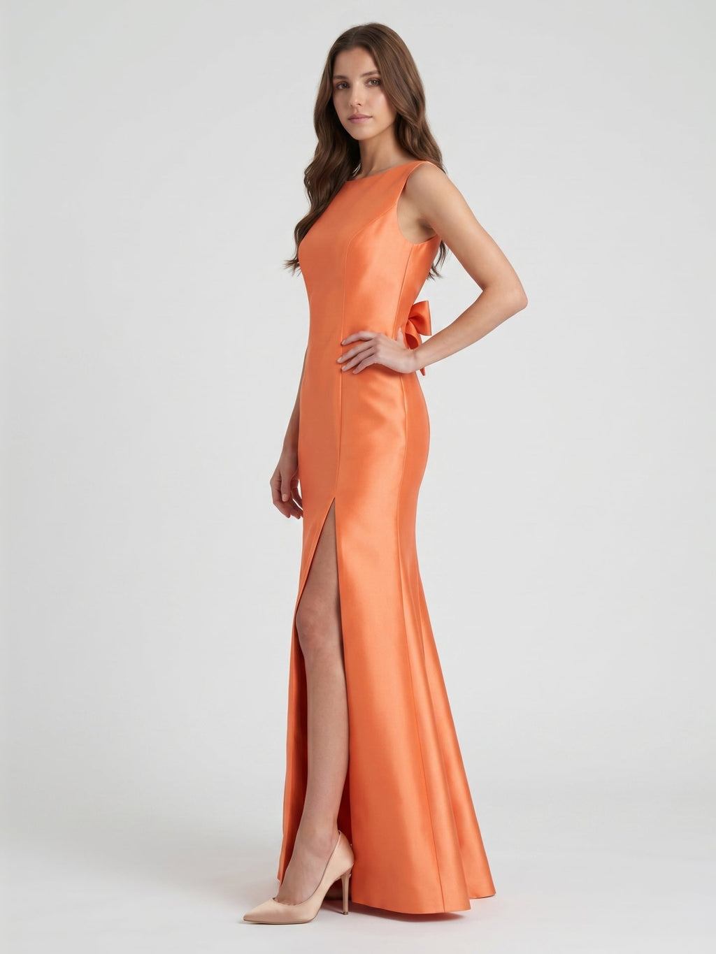 Composed Orange Satin Trumpet Scoop Neck V-Back Floor-Length Bridesmaid Dress with Bow - Curvevia