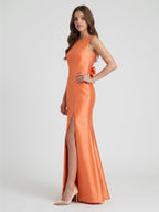 Composed Orange Satin Trumpet Scoop Neck V-Back Floor-Length Bridesmaid Dress with Bow - Curvevia