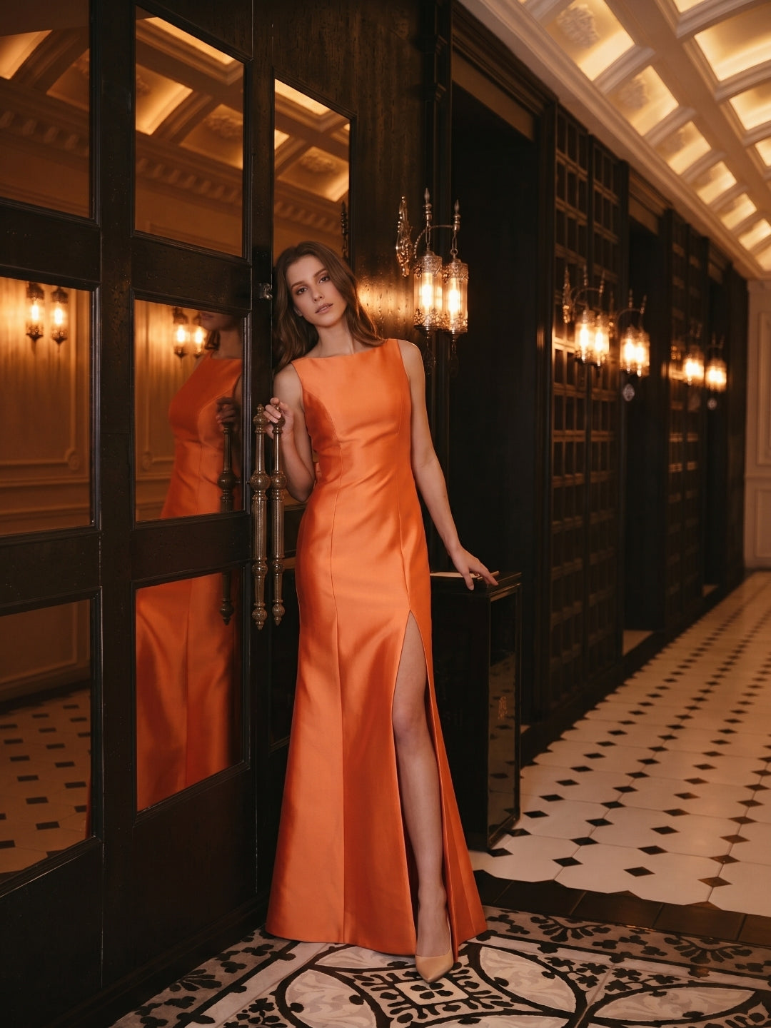 Composed Orange Satin Trumpet Scoop Neck V-Back Floor-Length Bridesmaid Dress with Bow - Curvevia