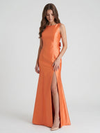 Composed Orange Satin Trumpet Scoop Neck V-Back Floor-Length Bridesmaid Dress with Bow - Curvevia