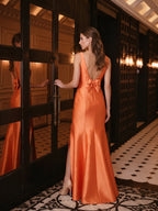 Composed Orange Satin Trumpet Scoop Neck V-Back Floor-Length Bridesmaid Dress with Bow - Curvevia
