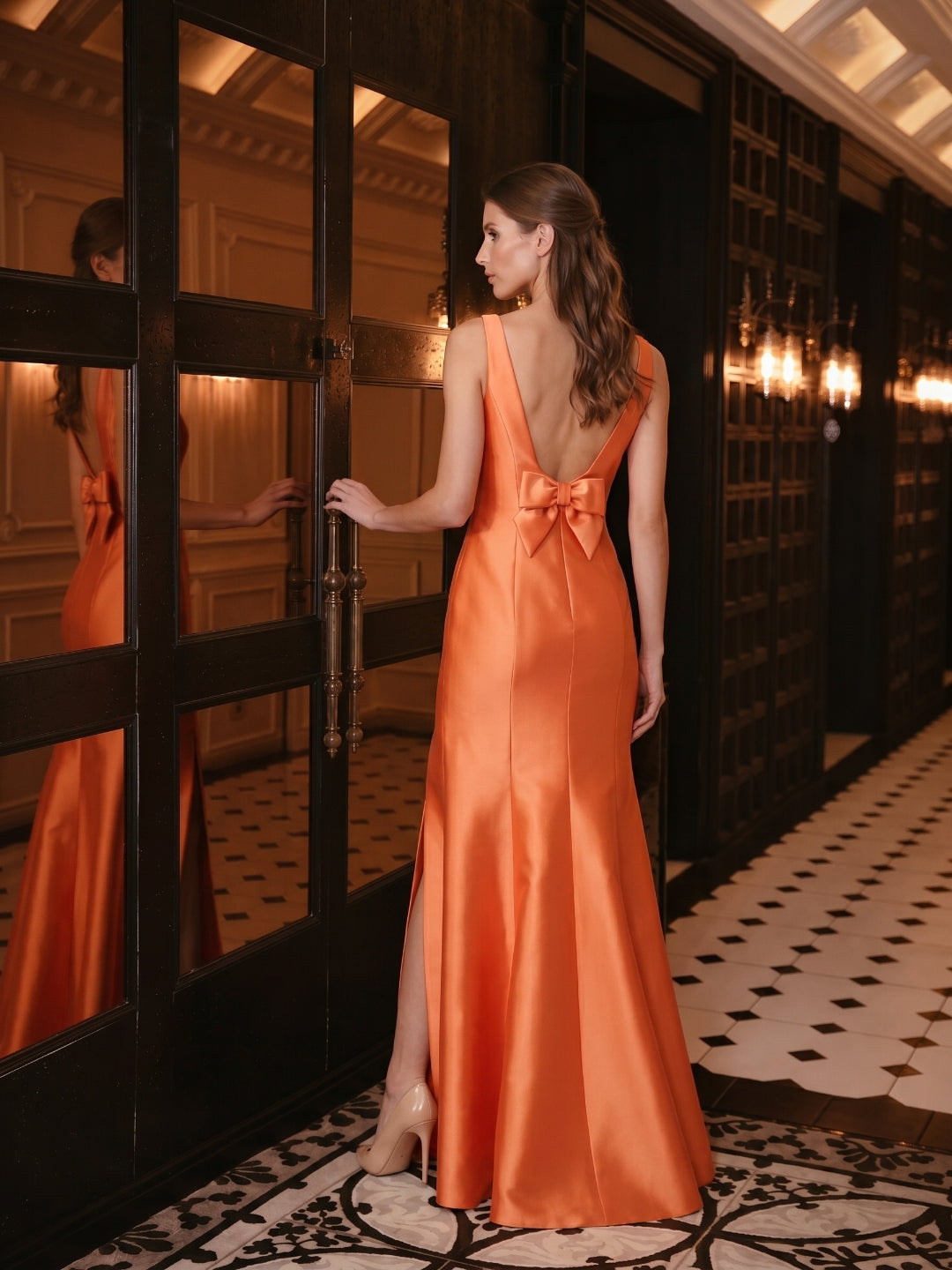 Composed Orange Satin Trumpet Scoop Neck V-Back Floor-Length Bridesmaid Dress with Bow - Curvevia