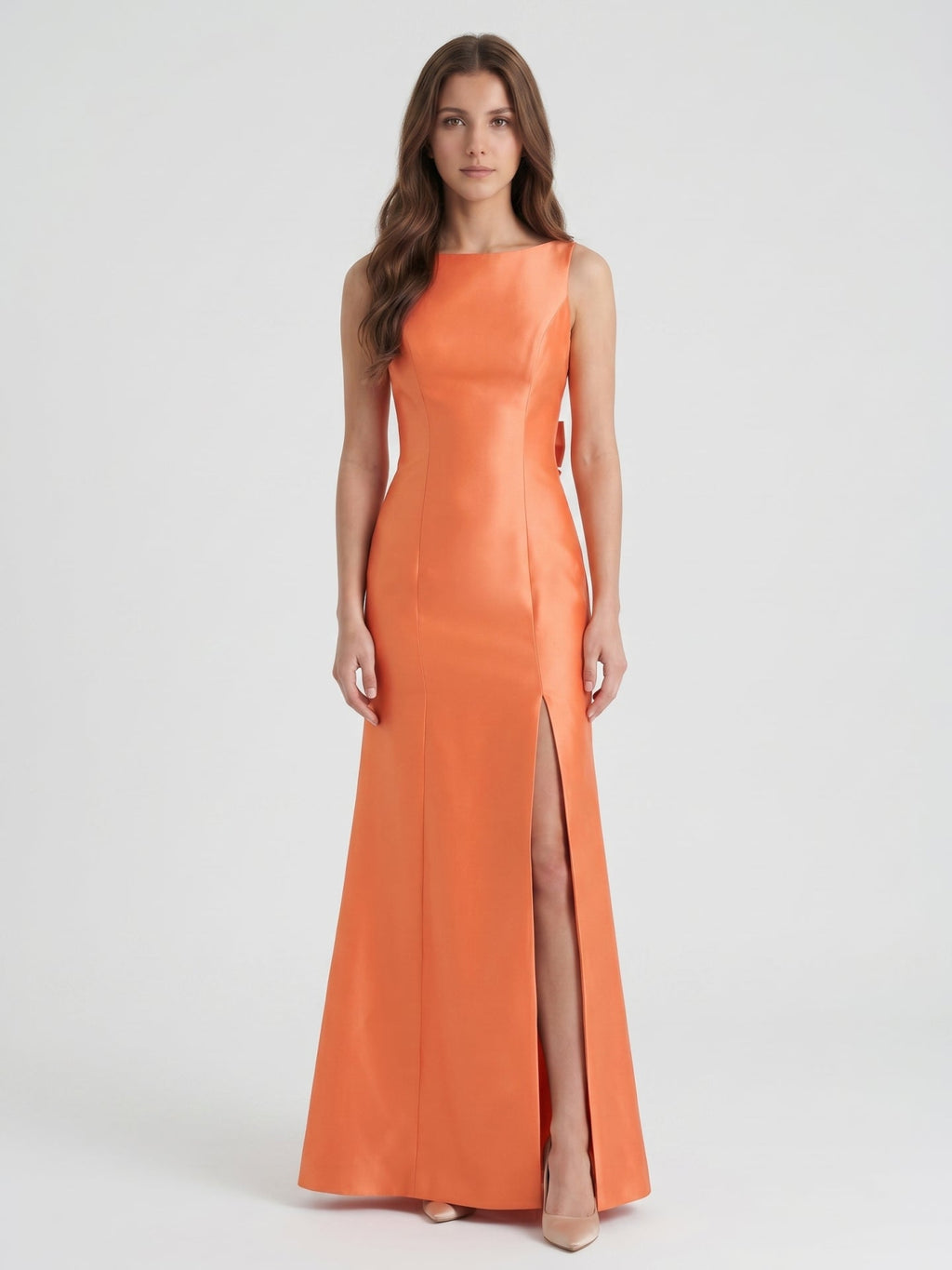 Composed Orange Satin Trumpet Scoop Neck V-Back Floor-Length Bridesmaid Dress with Bow - Curvevia