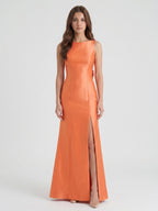 Composed Orange Satin Trumpet Scoop Neck V-Back Floor-Length Bridesmaid Dress with Bow - Curvevia
