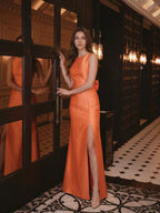 Composed Orange Satin Trumpet Scoop Neck V-Back Floor-Length Bridesmaid Dress with Bow - Curvevia