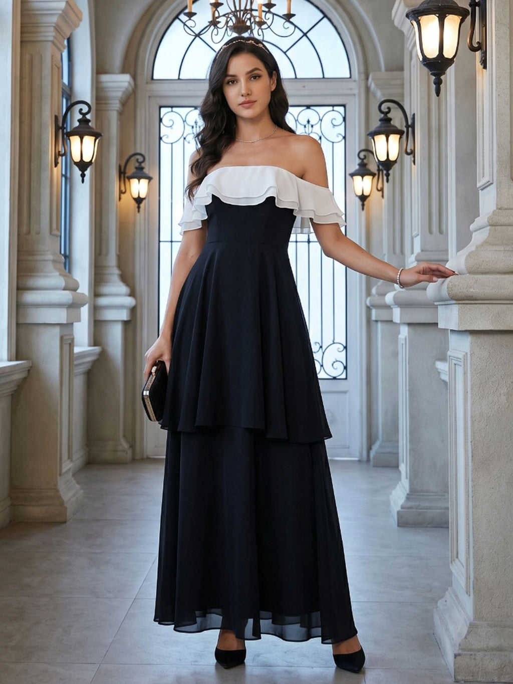 Coquette Black Chiffon A-Line Off-the-Shoulder Ankle-Length Bridesmaid Dress - Curvevia
