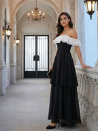 Coquette Black Chiffon A-Line Off-the-Shoulder Ankle-Length Bridesmaid Dress - Curvevia