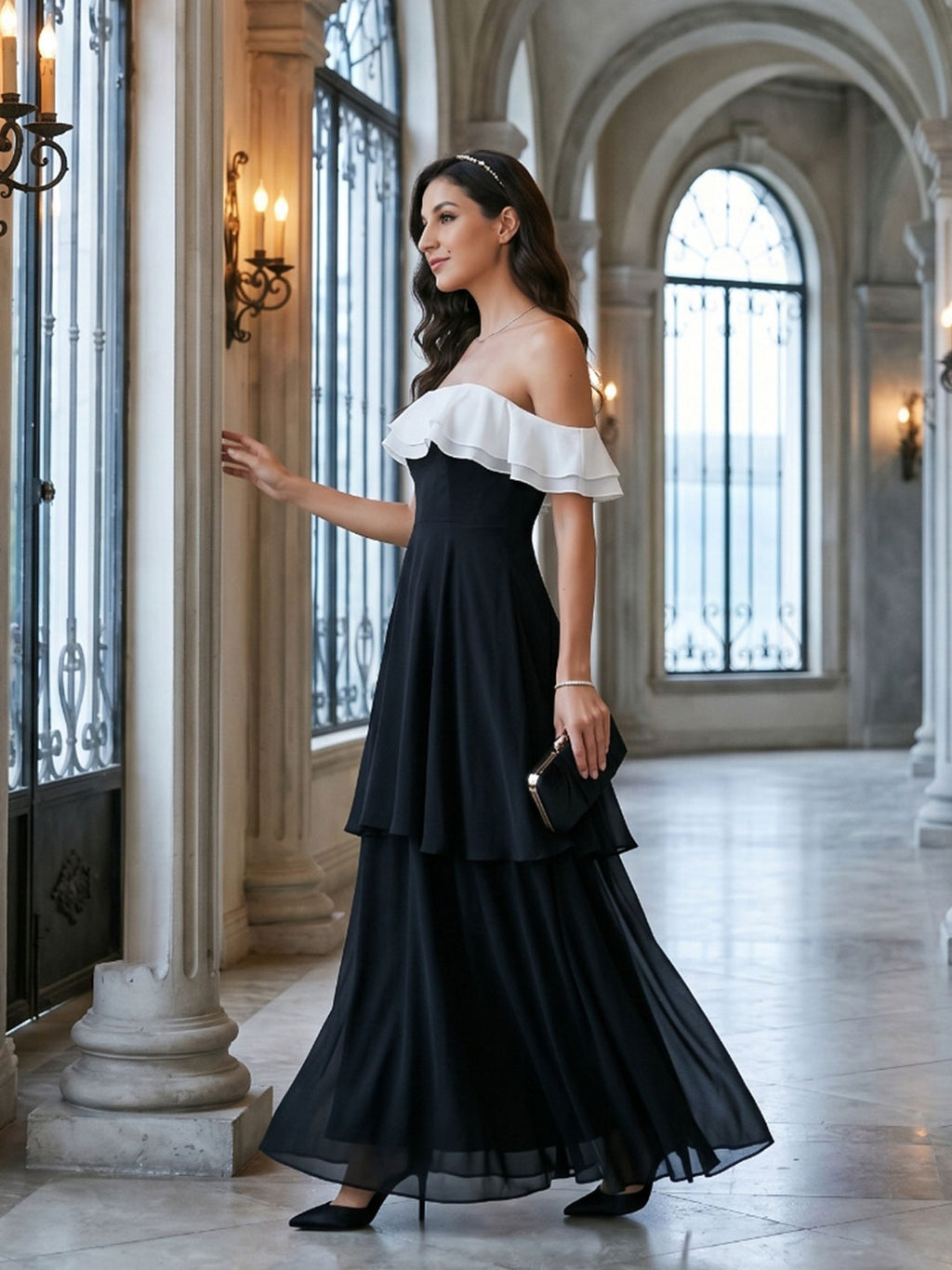 Coquette Black Chiffon A-Line Off-the-Shoulder Ankle-Length Bridesmaid Dress - Curvevia