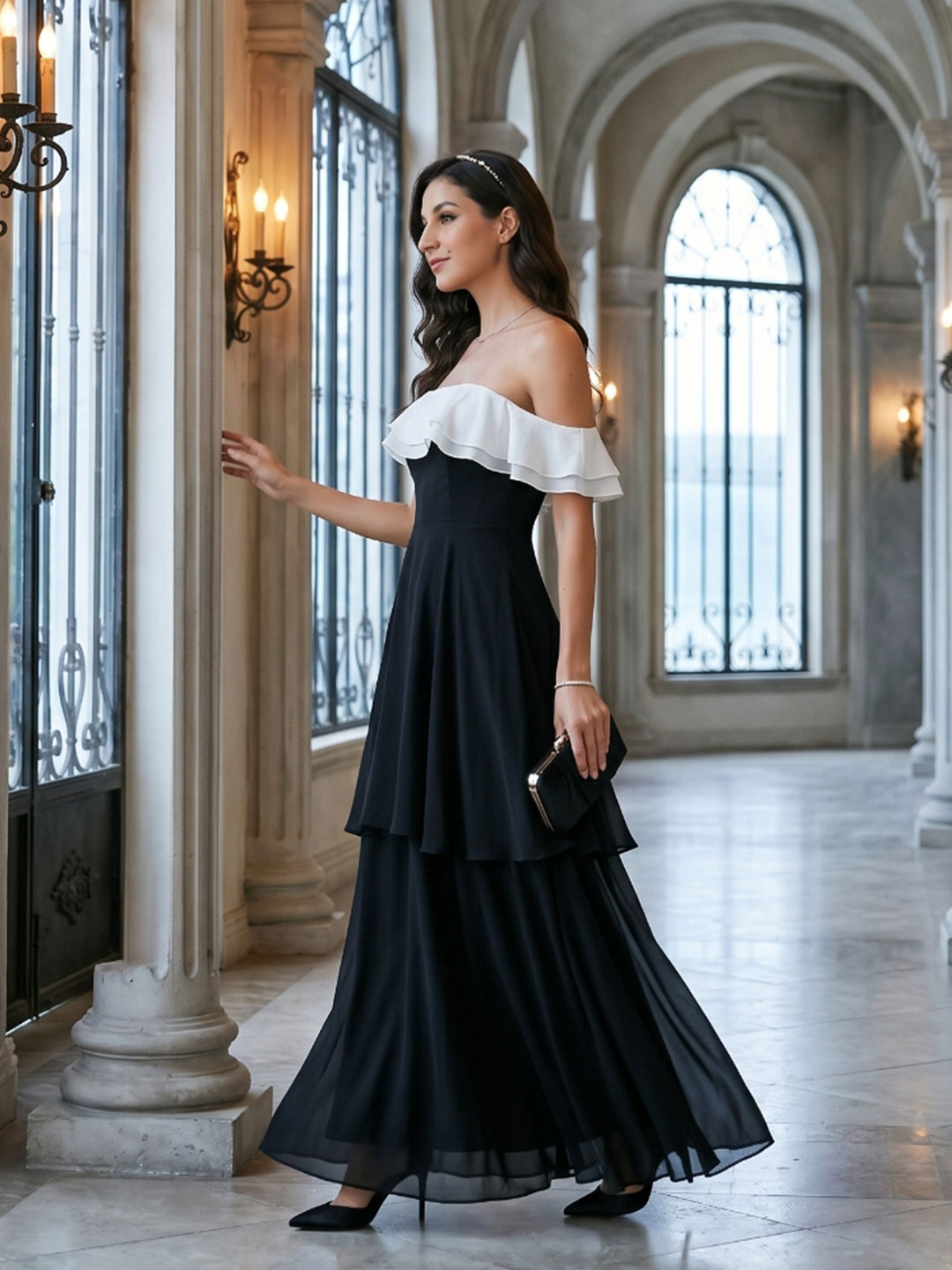 Coquette Black Chiffon A-Line Off-the-Shoulder Ankle-Length Bridesmaid Dress - Curvevia