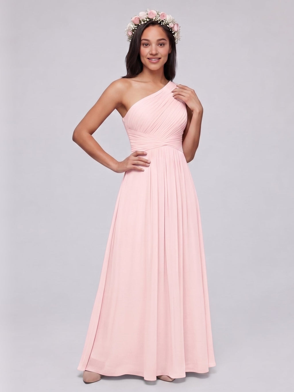 Coquette Blushing Pink Chiffon A-Line One Shoulder Back Zip Ankle-Length Bridesmaid Dress - Curvevia