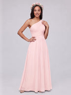 Coquette Blushing Pink Chiffon A-Line One Shoulder Back Zip Ankle-Length Bridesmaid Dress - Curvevia