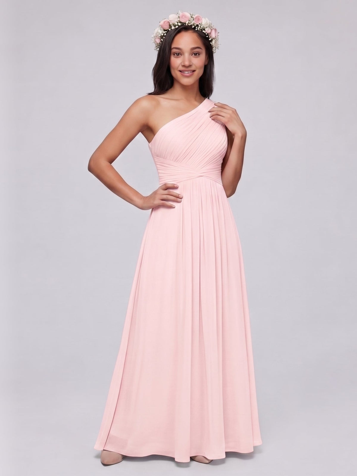 Coquette Blushing Pink Chiffon A-Line One Shoulder Back Zip Ankle-Length Bridesmaid Dress - Curvevia