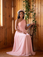 Coquette Blushing Pink Chiffon A-Line One Shoulder Back Zip Ankle-Length Bridesmaid Dress - Curvevia