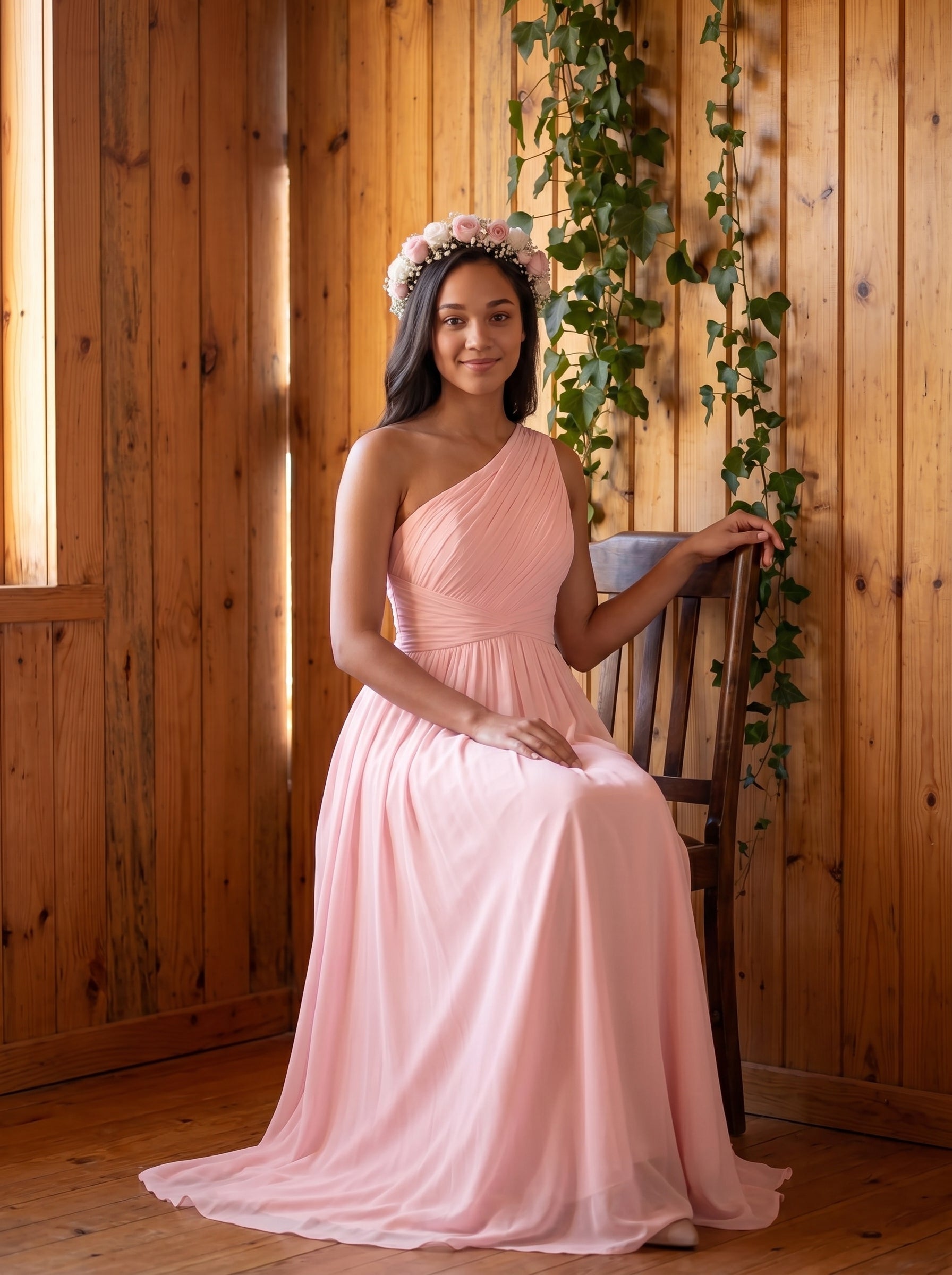 Coquette Blushing Pink Chiffon A-Line One Shoulder Back Zip Ankle-Length Bridesmaid Dress - Curvevia