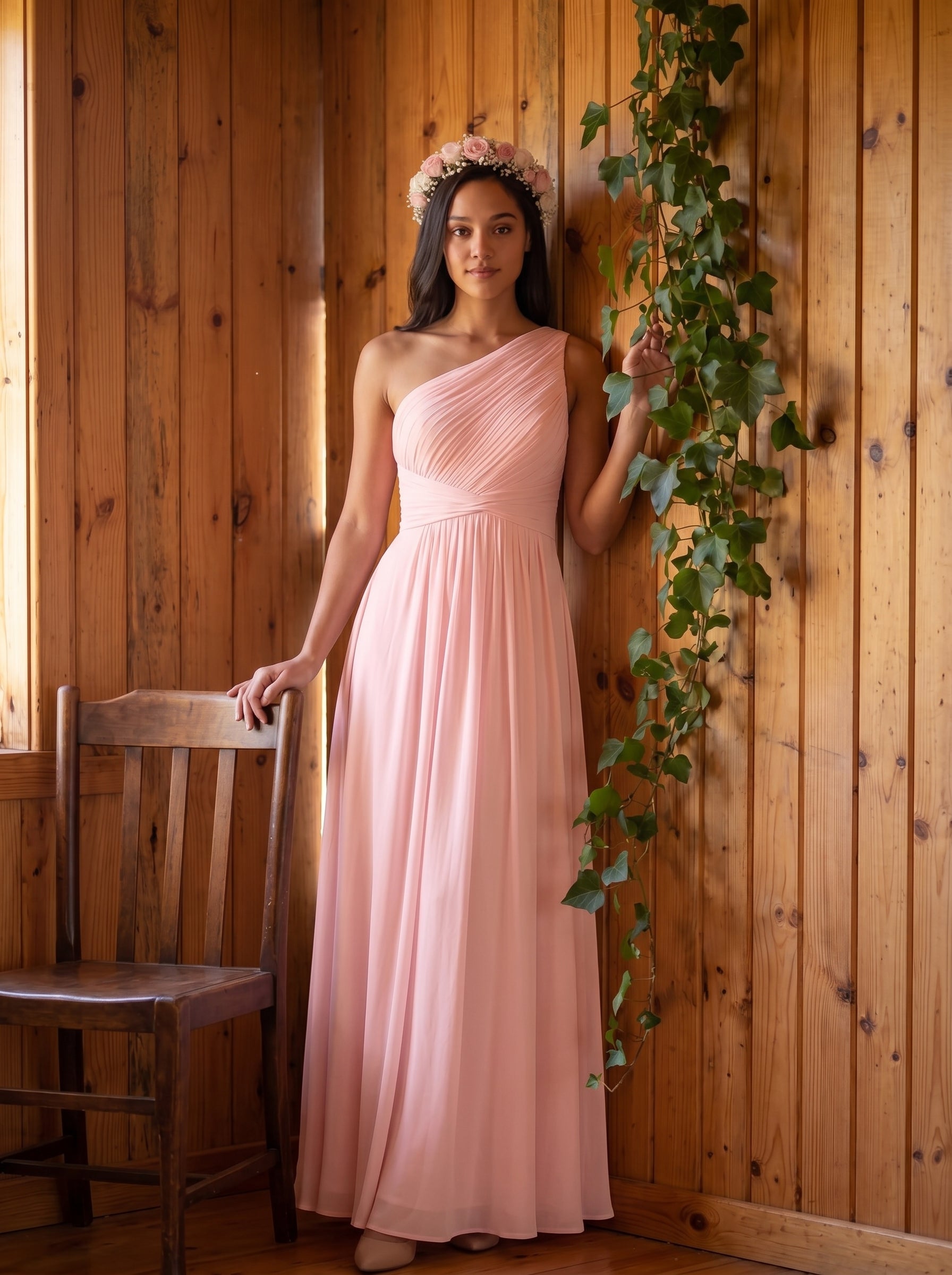 Coquette Blushing Pink Chiffon A-Line One Shoulder Back Zip Ankle-Length Bridesmaid Dress - Curvevia