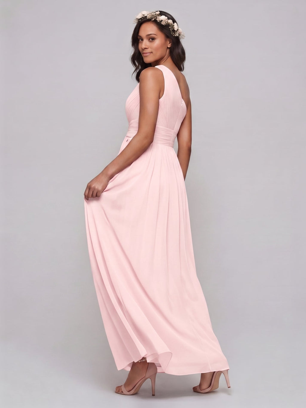 Coquette Blushing Pink Chiffon A-Line One Shoulder Back Zip Ankle-Length Bridesmaid Dress - Curvevia