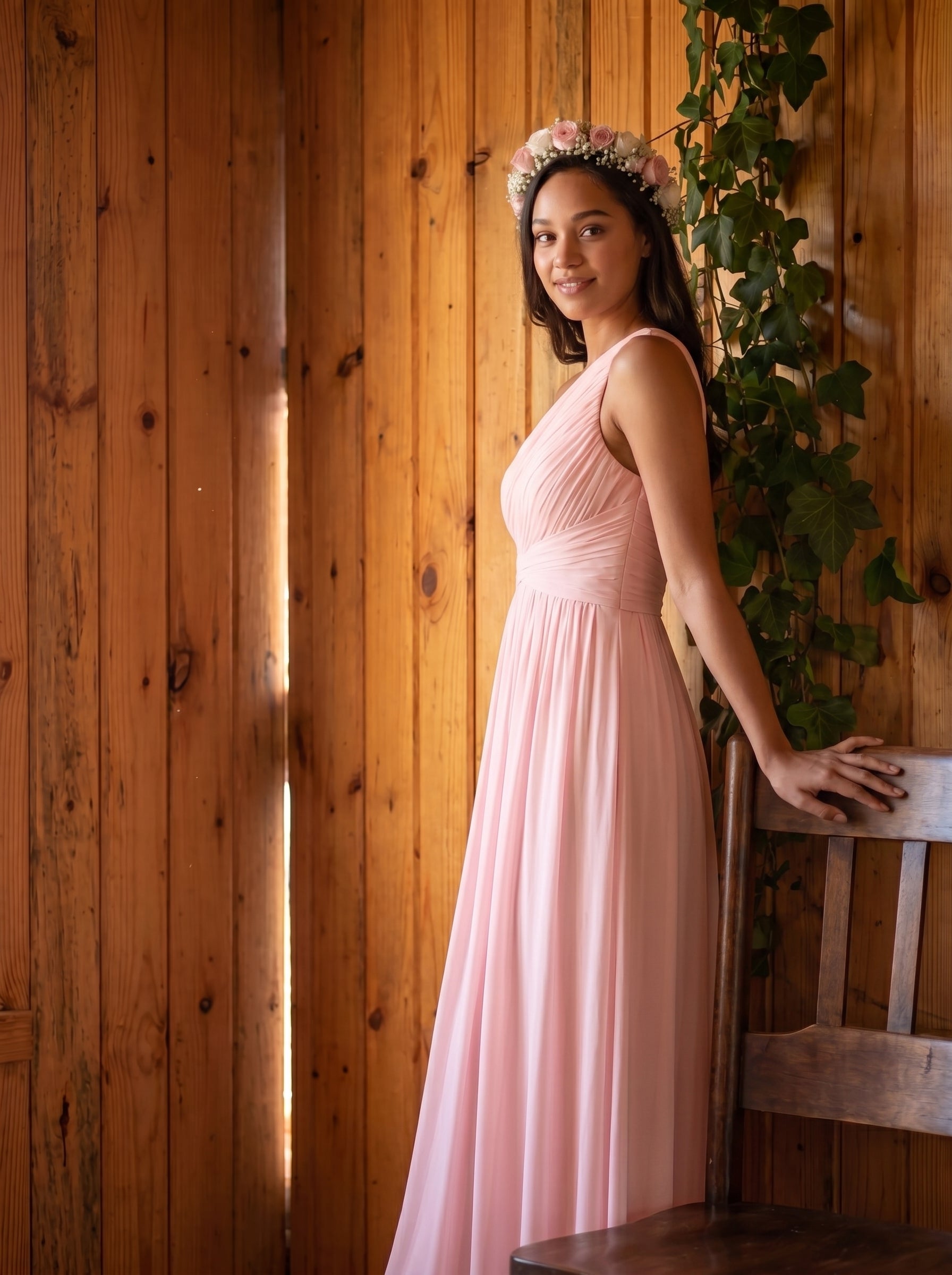 Coquette Blushing Pink Chiffon A-Line One Shoulder Back Zip Ankle-Length Bridesmaid Dress - Curvevia