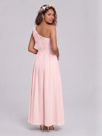 Coquette Blushing Pink Chiffon A-Line One Shoulder Back Zip Ankle-Length Bridesmaid Dress - Curvevia
