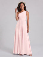 Coquette Blushing Pink Chiffon A-Line One Shoulder Back Zip Ankle-Length Bridesmaid Dress - Curvevia