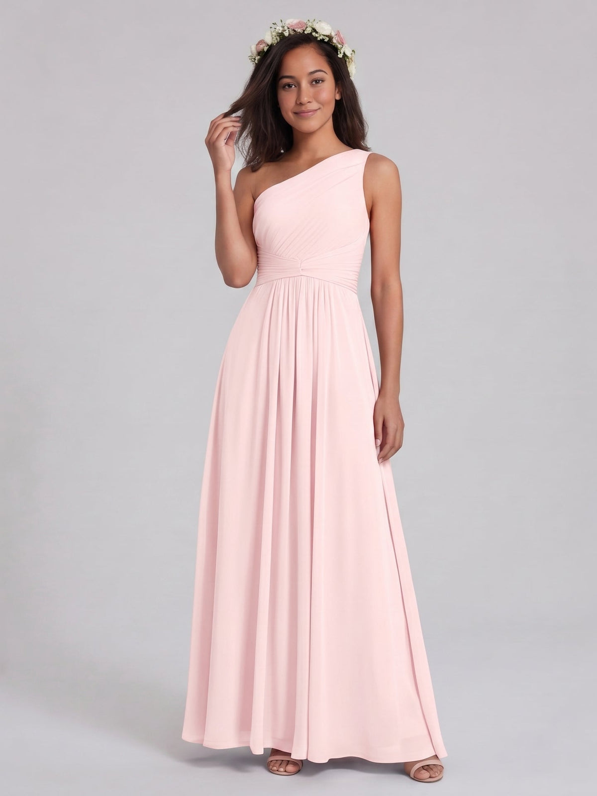 Coquette Blushing Pink Chiffon A-Line One Shoulder Back Zip Ankle-Length Bridesmaid Dress - Curvevia