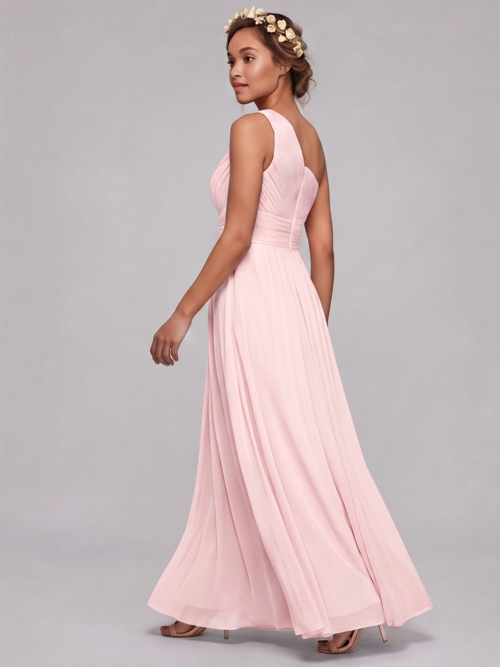 Coquette Blushing Pink Chiffon A-Line One Shoulder Back Zip Ankle-Length Bridesmaid Dress - Curvevia