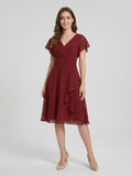 Coquette Burgundy Chiffon A-Line V-Neck Back Zip with nan Knee-Length Bridesmaid Dress - Curvevia