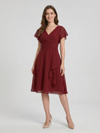 Coquette Burgundy Chiffon A-Line V-Neck Back Zip with nan Knee-Length Bridesmaid Dress - Curvevia