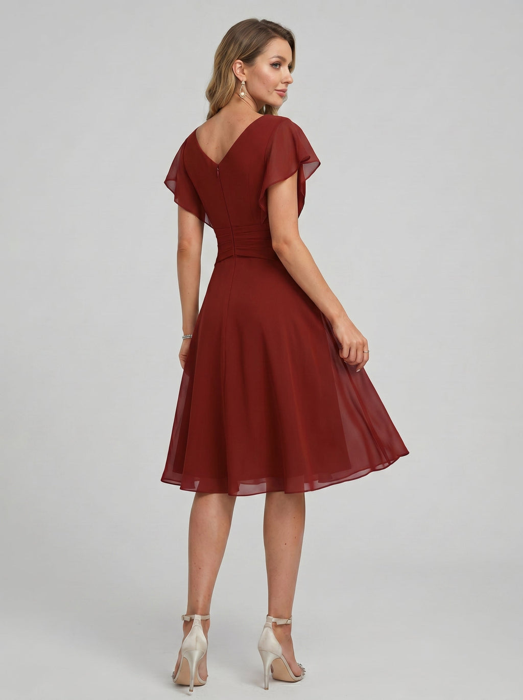 Coquette Burgundy Chiffon A-Line V-Neck Back Zip with nan Knee-Length Bridesmaid Dress - Curvevia