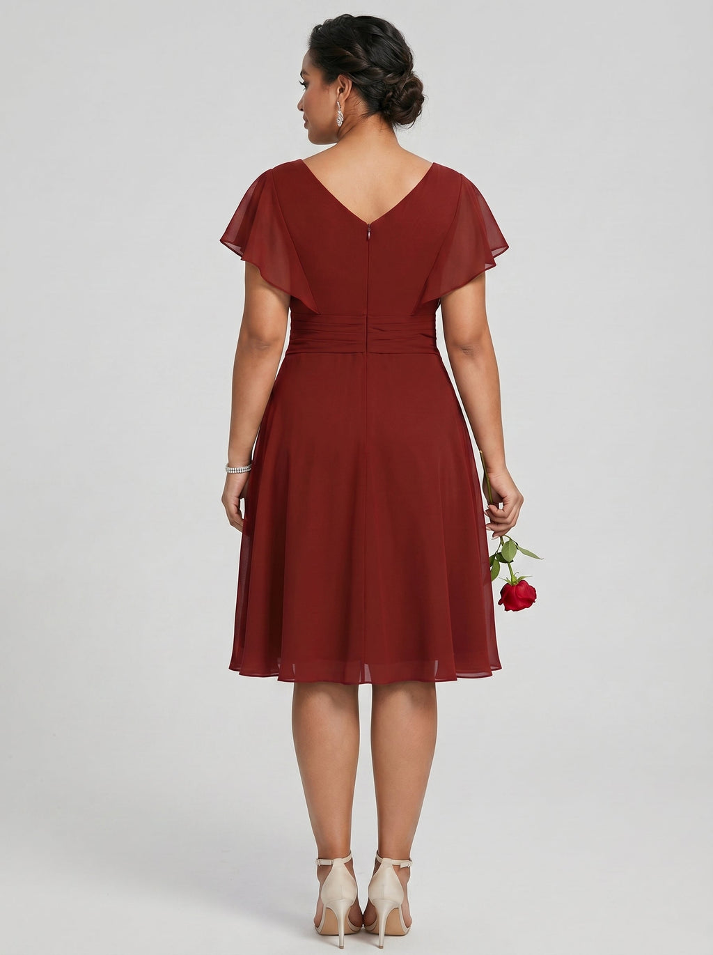 Coquette Burgundy Chiffon A-Line V-Neck Back Zip with nan Knee-Length Bridesmaid Dress - Curvevia