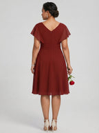 Coquette Burgundy Chiffon A-Line V-Neck Back Zip with nan Knee-Length Bridesmaid Dress - Curvevia