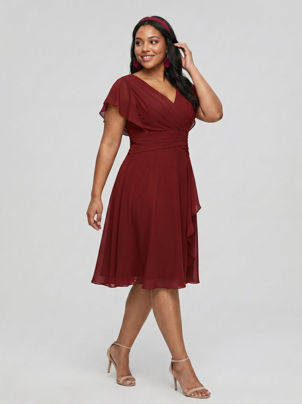 Coquette Burgundy Chiffon A-Line V-Neck Back Zip with nan Knee-Length Bridesmaid Dress - Curvevia