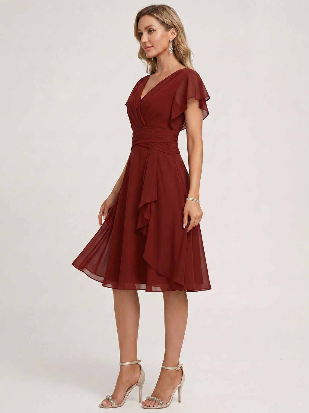 Coquette Burgundy Chiffon A-Line V-Neck Back Zip with nan Knee-Length Bridesmaid Dress - Curvevia