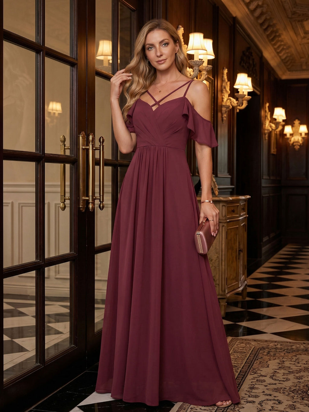 Coquette Cabernet Chiffon A-Line Sweetheart Back Zip Ankle-Length Bridesmaid Dress - Curvevia