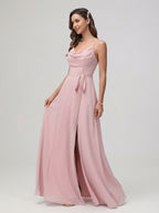 Coquette Dusty Rose Chiffon A-Line Cowl Neck Ankle-Length Bridesmaid Dress with Minimalist Design - Curvevia