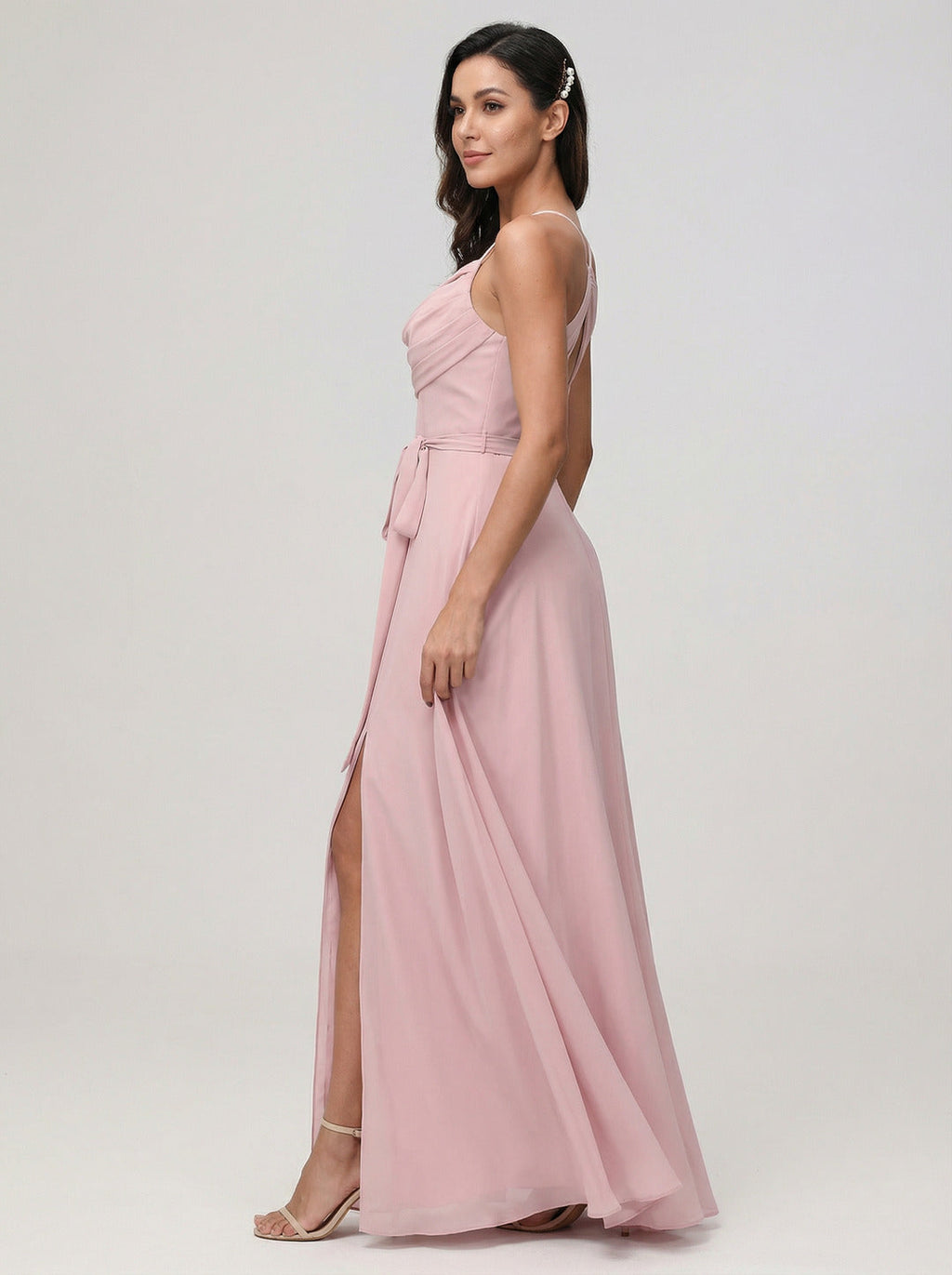 Coquette Dusty Rose Chiffon A-Line Cowl Neck Ankle-Length Bridesmaid Dress with Minimalist Design - Curvevia