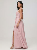 Coquette Dusty Rose Chiffon A-Line Cowl Neck Ankle-Length Bridesmaid Dress with Minimalist Design - Curvevia