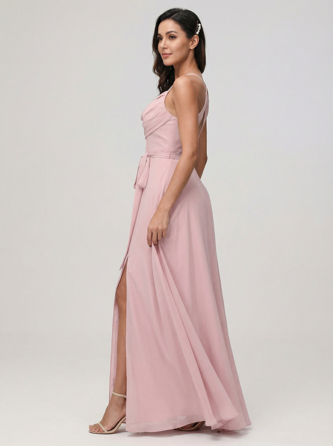 Coquette Dusty Rose Chiffon A-Line Cowl Neck Ankle-Length Bridesmaid Dress with Minimalist Design - Curvevia