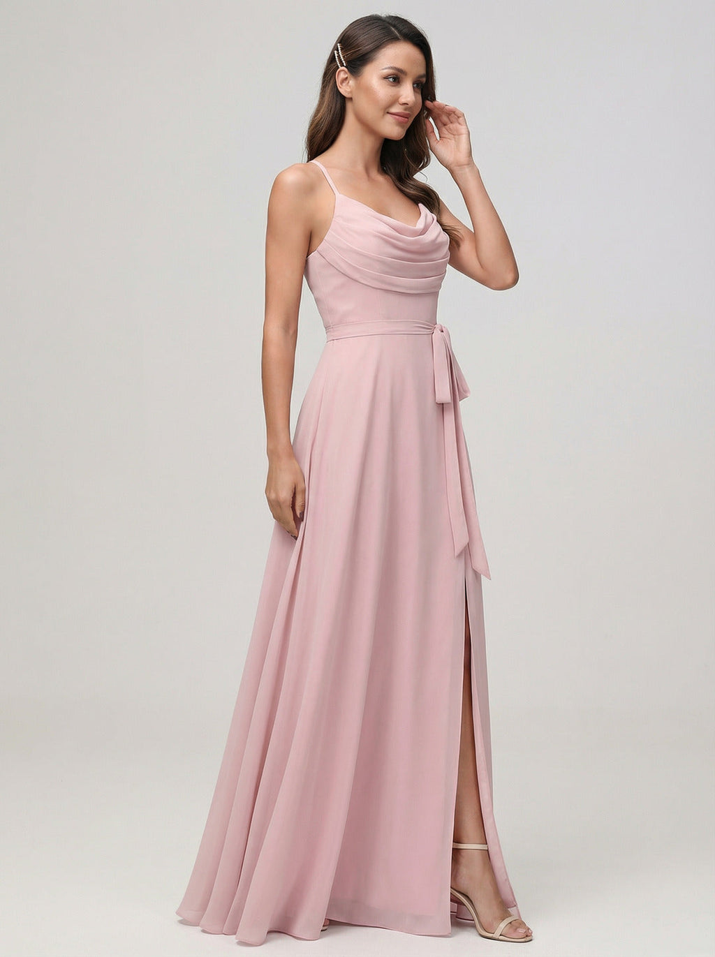 Coquette Dusty Rose Chiffon A-Line Cowl Neck Ankle-Length Bridesmaid Dress with Minimalist Design - Curvevia