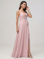 Coquette Dusty Rose Chiffon A-Line Cowl Neck Ankle-Length Bridesmaid Dress with Minimalist Design - Curvevia
