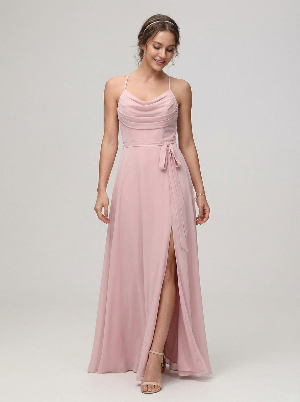 Coquette Dusty Rose Chiffon A-Line Cowl Neck Ankle-Length Bridesmaid Dress with Minimalist Design - Curvevia