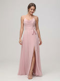 Coquette Dusty Rose Chiffon A-Line Cowl Neck Ankle-Length Bridesmaid Dress with Minimalist Design - Curvevia