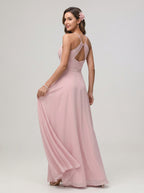 Coquette Dusty Rose Chiffon A-Line Cowl Neck Ankle-Length Bridesmaid Dress with Minimalist Design - Curvevia