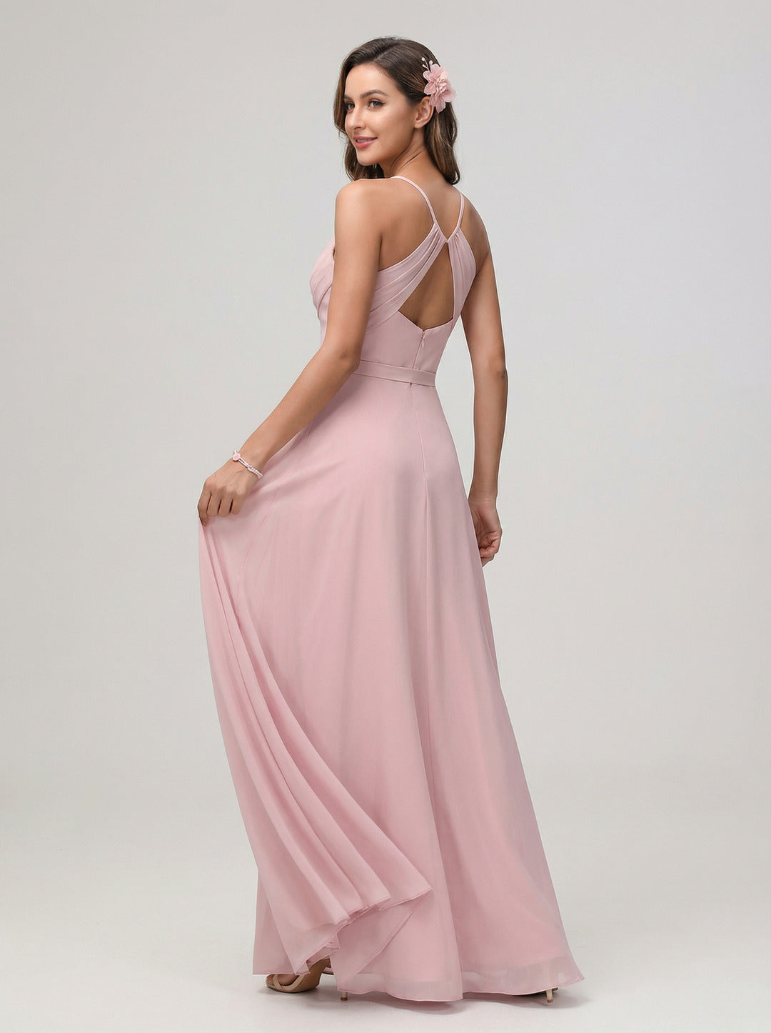 Coquette Dusty Rose Chiffon A-Line Cowl Neck Ankle-Length Bridesmaid Dress with Minimalist Design - Curvevia