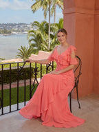 Coquette Coral Chiffon A-Line V-Neck Asymmetrical Bridesmaid Dress with Minimalist Design - Curvevia